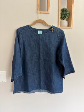 Martha Stewart Dark Indigo Denim Boatneck Top with Shoulder Zip